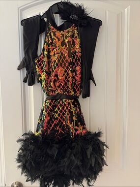 Black Feather-Trim Adult Dance Costume with Neon Sequin Pattern